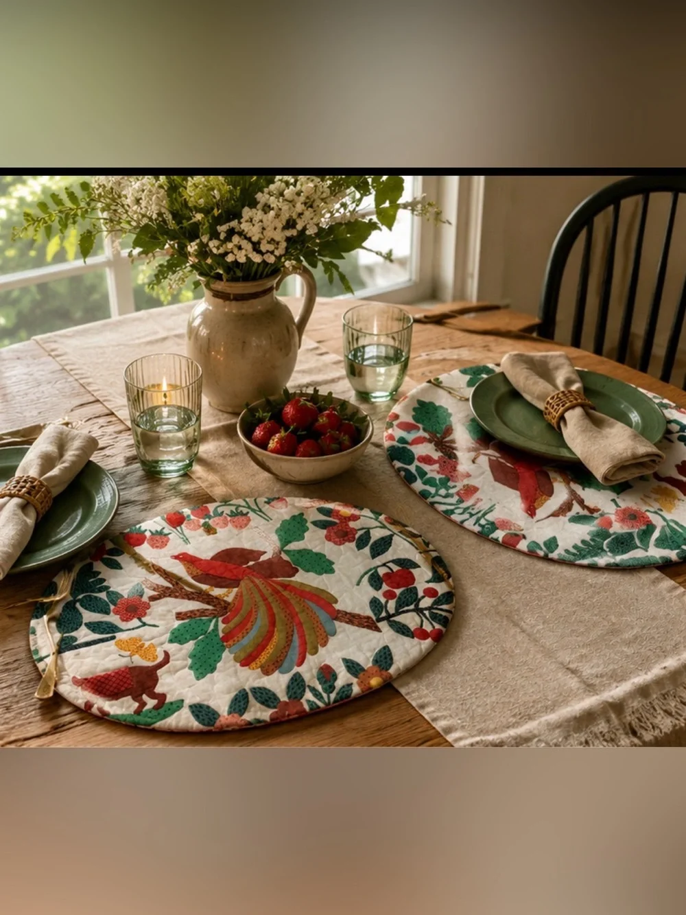 Handmade Quilted Bird Floral Oval Placemats Set of 2 Cottagecore Farmhouse 11x16